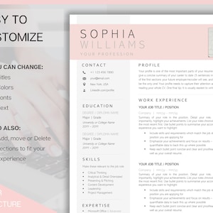 May include: A pink and white resume template with a photo of a woman in a black hat and a white shirt. The template includes sections for contact information, education, skills, expertise, profile, work experience, and a section titled "Easy to Customize" with instructions on how to change the titles, colors, fonts, and text.