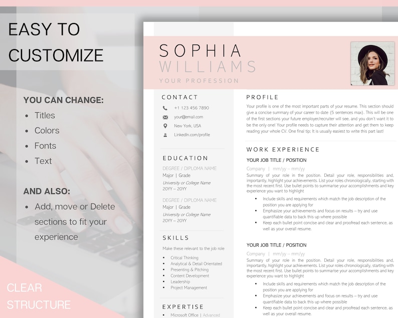 May include: A pink and white resume template with a photo of a woman in a black hat and a white shirt. The template includes sections for contact information, education, skills, expertise, profile, work experience, and a section titled "Easy to Customize" with instructions on how to change the titles, colors, fonts, and text.