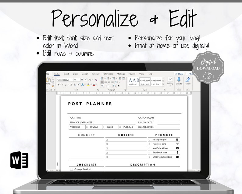 May include: A laptop displaying a digital post planner template in Microsoft Word. The screen shows a black and white layout with sections for post title, sponsors, publish date, and promotion options. Text on the screen reads "Personalize & Edit."