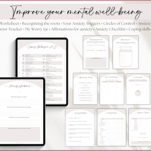 May include: A set of printable worksheets designed to help improve mental well-being. The worksheets include titles such as "Anxiety Worksheet", "Coping Skills from A-Z", "My Worry Jar", and "Circles of Control".