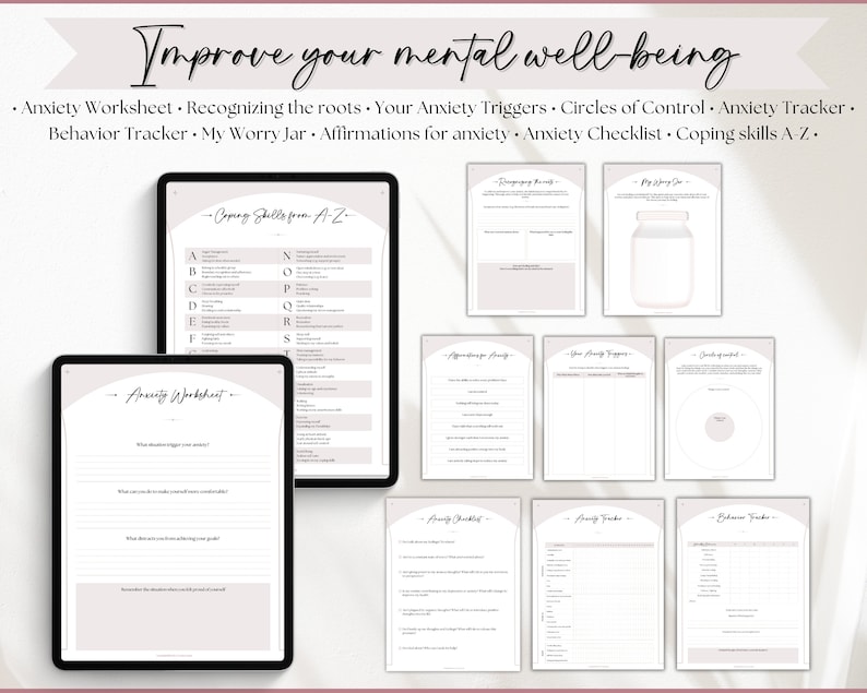 May include: A set of printable worksheets designed to help improve mental well-being. The worksheets include titles such as "Anxiety Worksheet", "Coping Skills from A-Z", "My Worry Jar", and "Circles of Control".