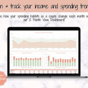 May include: A laptop screen shows a financial dashboard with graphs and charts for tracking income and spending. The text reads "Plan & track your income and spending trends!" and "See how your spending habits as a couple change each month with our 12 Month View Dashboard!"