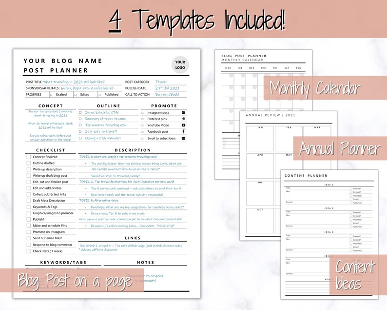 May include: Black and white printable planner templates for blog post planning, monthly calendar, annual review, and content planning. The templates include sections for post title, concept, outline, promote, checklist, description, keywords, tags, links, and notes.
