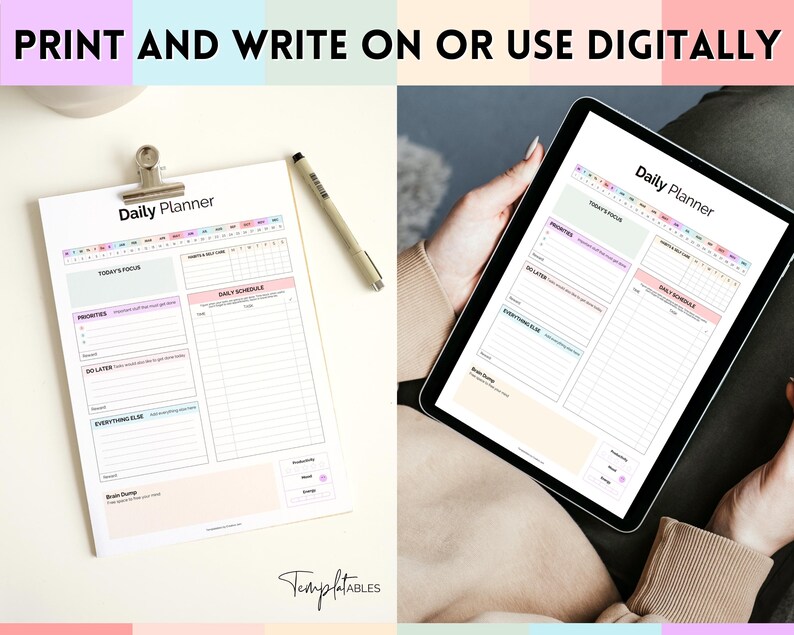 May include: A printable daily planner with sections for today's focus, priorities, do later, everything else, and a brain dump. The planner also includes a daily schedule section with time slots and a section for notes.