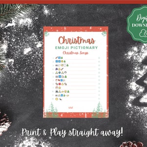 May include: A printable Christmas emoji pictionary game with a red and white background. The game features a list of Christmas songs with corresponding emojis.