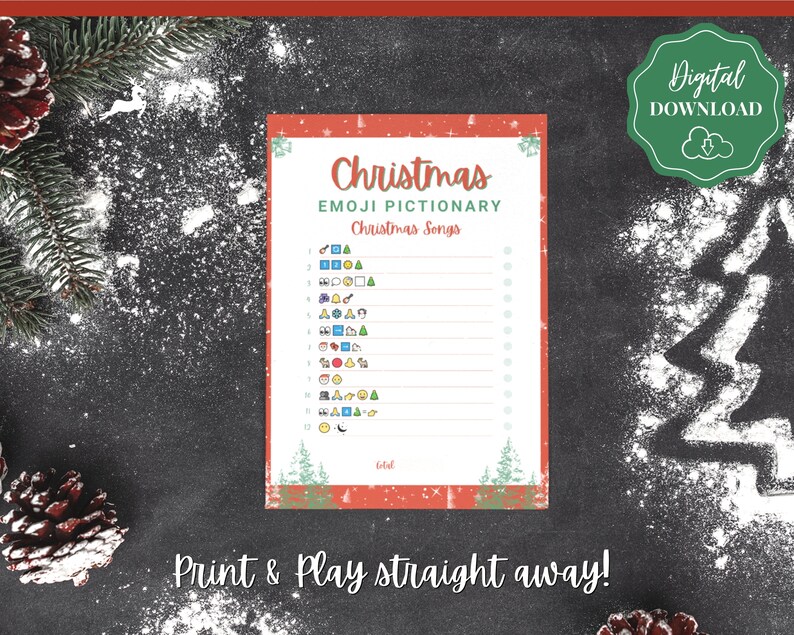 May include: A printable Christmas emoji pictionary game with a red and white background. The game features a list of Christmas songs with corresponding emojis.