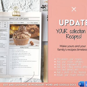 Puede incluir: Plantilla de receta imprimible para cupcakes de vainilla con una foto de un cupcake con cobertura de chocolate y avellanas. La plantilla incluye secciones para ingredientes, instrucciones, notas e informaci&oacute;n diet&eacute;tica. El texto "UPDATE YOUR collection of Recipes!" se muestra en un cuadro rosa encima de la plantilla.