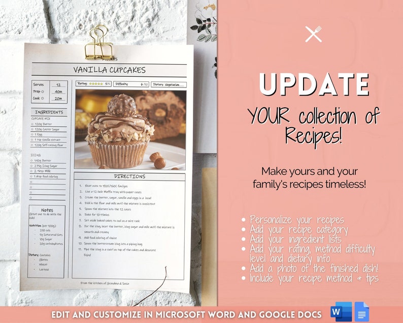 Puede incluir: Plantilla de receta imprimible para cupcakes de vainilla con una foto de un cupcake con cobertura de chocolate y avellanas. La plantilla incluye secciones para ingredientes, instrucciones, notas e informaci&oacute;n diet&eacute;tica. El texto "UPDATE YOUR collection of Recipes!" se muestra en un cuadro rosa encima de la plantilla.