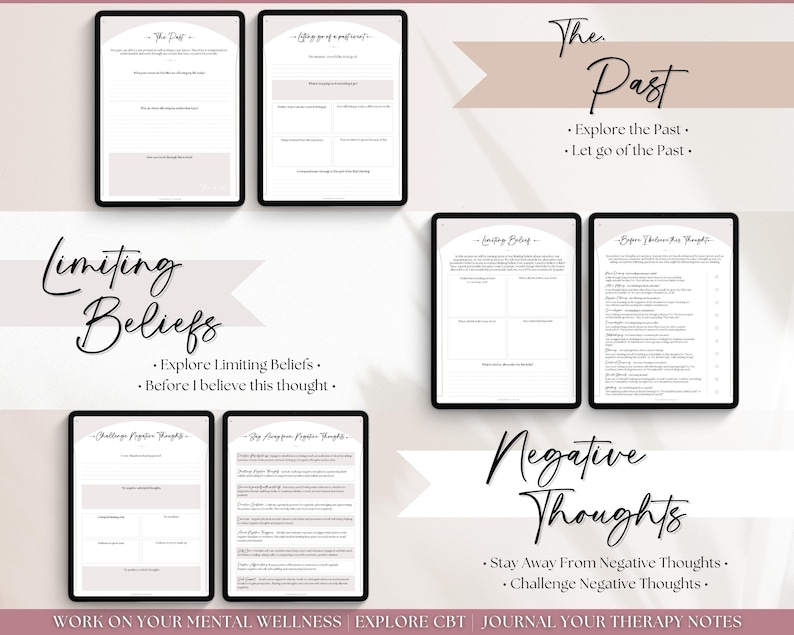 May include: A set of printable worksheets for mental wellness journaling. The worksheets are designed to help users explore their past, limiting beliefs, and negative thoughts. The worksheets include prompts and space for writing.