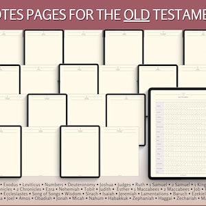 May include: A printable set of blank note pages for the Old Testament. The pages are designed to be used for taking notes on each book of the Bible. The set includes a page for each book of the Old Testament, as well as a gridded page for tracking reading progress.