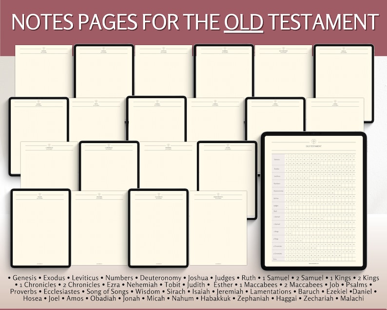 May include: A printable set of blank note pages for the Old Testament. The pages are designed to be used for taking notes on each book of the Bible. The set includes a page for each book of the Old Testament, as well as a gridded page for tracking reading progress.