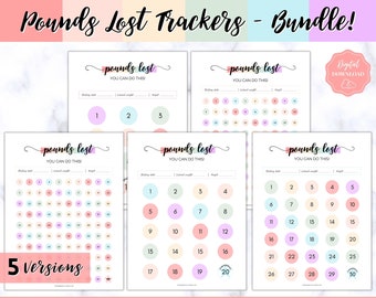 Pounds Lost Tracker BUNDLE! Pack of 5 Weight Loss Trackers, 10 20, 30, 50, 100 lbs, Printable Weight Loss Chart, Fitness Journal, Diet Habit