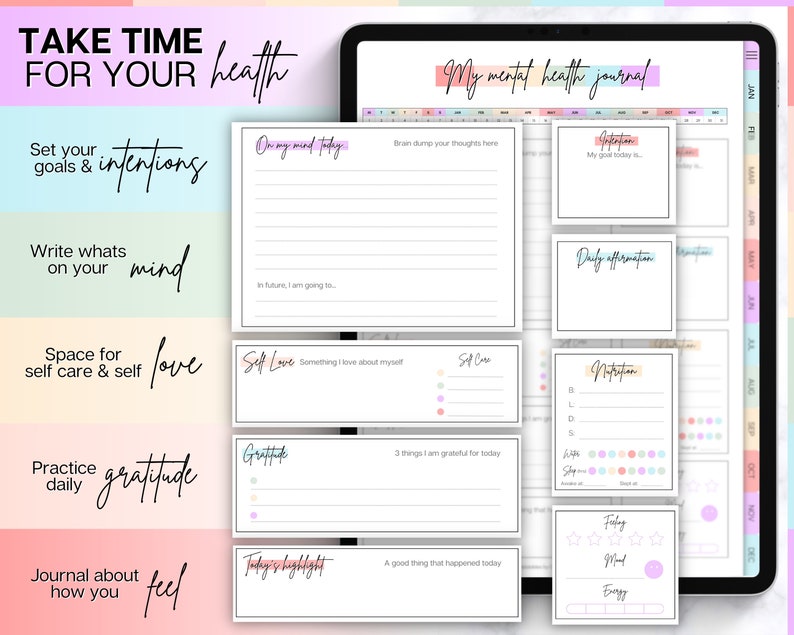 May include: A digital planner with a pink, blue, and yellow color scheme. The planner is titled "My mental health journal" and includes sections for daily affirmations, gratitude, self-care, and nutrition.