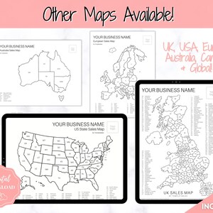 May include: A digital download of printable sales maps for businesses. The maps include the United States, Australia, Europe, the United Kingdom, and Canada. The maps are black and white and have a modern, minimalist design.