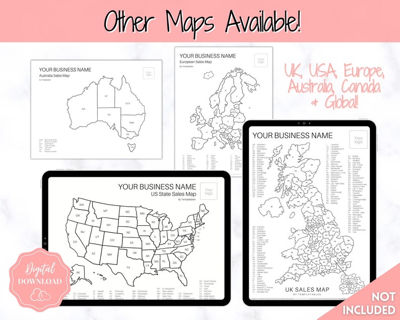 May include: A digital download of printable sales maps for businesses. The maps include the United States, Australia, Europe, the United Kingdom, and Canada. The maps are black and white and have a modern, minimalist design.