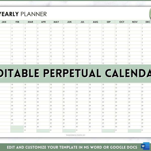 EDITABLE Perpetual Calendar, Undated Year at a glance, Reusable calendar, Year on one page, Yearly Overview, Annual Planner, 12 month