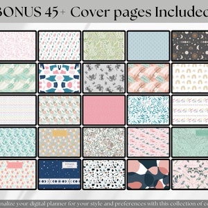 May include: A collection of 25 digital planner cover designs. The covers feature a variety of patterns, including geometric shapes, floral designs, and abstract art. The text "BONUS 45+ Cover pages Included!" is at the top of the image. The text "FITNESS" is on one of the covers.