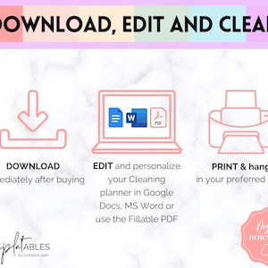 Op de afbeelding: Een roze, blauwe en gele afbeelding met de tekst "DOWNLOAD, EDIT AND CLEAN!" De afbeelding toont drie pictogrammen: een downloadpijl, een laptop met een Word-document en een PDF-bestand, en een printer. De tekst onder de pictogrammen beschrijft de stappen voor het gebruik van de digitale download. De tekst onderaan de afbeelding zegt "TemplatABLES by Creative Jam" en "Digital DOWNLOAD".
