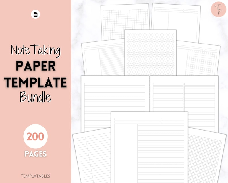 Puede incluir: Una colecci&oacute;n de plantillas de papel para tomar notas imprimibles. Las plantillas incluyen papel rayado, cuadriculado y de puntos. El texto de la imagen dice "Note Taking Paper Template Bundle 200 Pages Templatable".