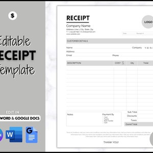 Receipt Template, EDITABLE Receipt Form, Small Business, Invoice Order, Job Estimate Form, Word, Canva, Google Docs, Quote, Proposal