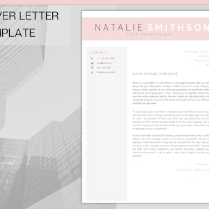 May include: A pink and white cover letter template with the title "Cover Letter Template" and the name "Natalie Smithson" in a pink box. The template includes a contact section with a phone number, email address, location, and LinkedIn profile link. The text "Dear Hiring Manager" is at the top of the letter.
