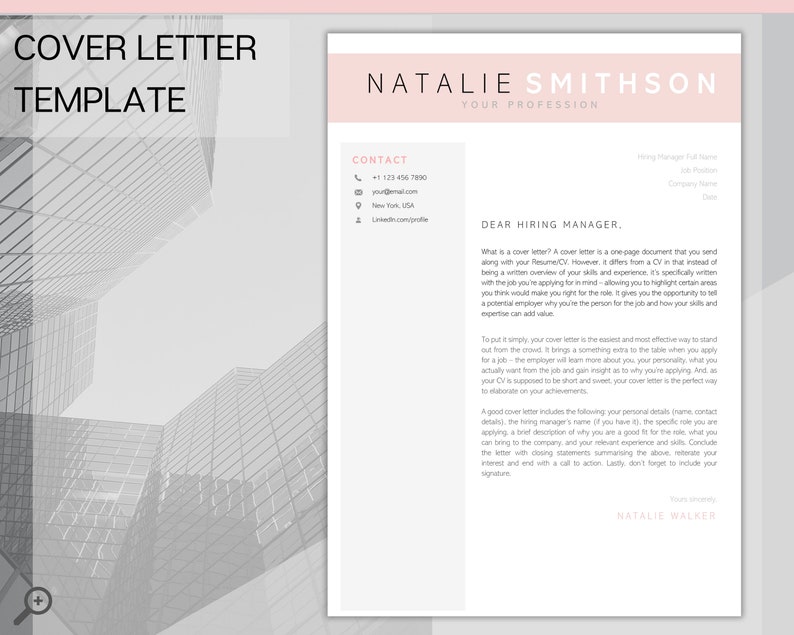 May include: A pink and white cover letter template with the title "Cover Letter Template" and the name "Natalie Smithson" in a pink box. The template includes a contact section with a phone number, email address, location, and LinkedIn profile link. The text "Dear Hiring Manager" is at the top of the letter.