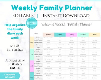EDITIERBARER WÖCHENTLICHER FAMILIENPLANER Command Center | Familienplaner | Druckbarer Familienkalender | Familien-Haushalt Wochenplan | Homeschool