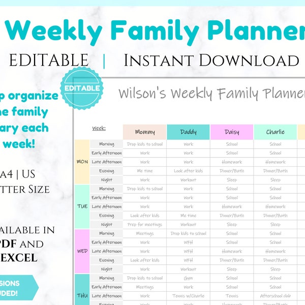 EDITABLE Weekly FAMILY PLANNER Command Center | Family Planner | Printable Family Calendar | Family Household Weekly Schedule | Homeschool