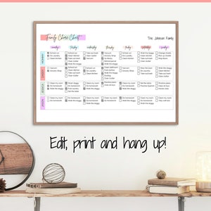 May include: A printable chore chart for a family with the title "Family Chore Chart" and the family name "The Johnson Family". The chart is divided into days of the week and lists chores for each family member.