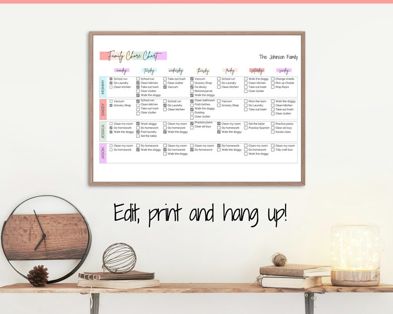 May include: A printable chore chart for a family with the title "Family Chore Chart" and the family name "The Johnson Family". The chart is divided into days of the week and lists chores for each family member.