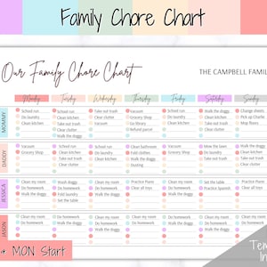 Colorful Family Chore Chart, Editable Family Planner Printable, Weekly Family Schedule, Family Calendar, Command Center, Household Kid Adult