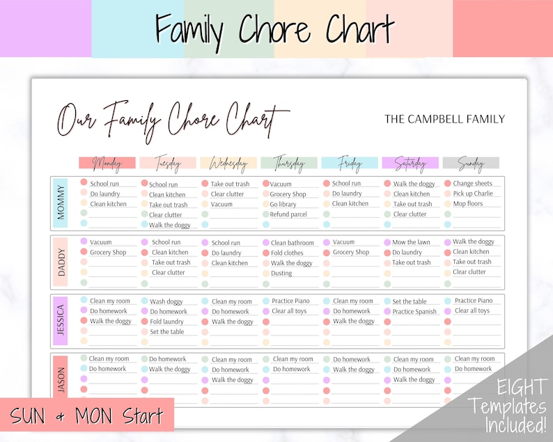 Colorful Family Chore Chart, Editable Family Planner Printable, Weekly Family Schedule, Family Calendar, Command Center, Household Kid Adult 
