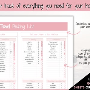 May include: A pink and white printable travel packing list with checkboxes for toiletries, clothing, shoes, and jewelry. The list is organized by category and includes a section for adding your name. The text "Keep track of everything you need for your holiday!" is at the top of the page. The text "Organize everything by categories and tick off as you pack!" is on the right side of the page. The text "EDIT IN GOOGLE SHEETS OR EXCEL" is at the bottom of the page.