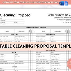 May include: A printable cleaning proposal template with a checklist for various areas, including restrooms, doors and walls, floors, exterior, and miscellaneous. The template includes a section for your business name, contact information, and a place to list the services required.