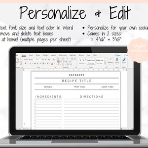 May include: A laptop screen displaying a Word document with a recipe template. The template has fields for category, recipe title, serves, prep time, cook time, ingredients, and directions. The template is designed for printing at home.