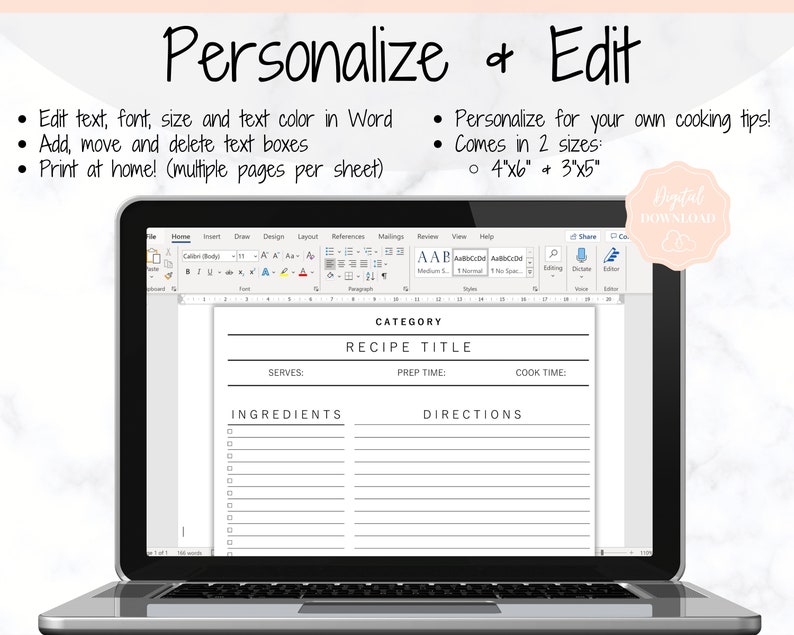 May include: A laptop screen displaying a Word document with a recipe template. The template has fields for category, recipe title, serves, prep time, cook time, ingredients, and directions. The template is designed for printing at home.