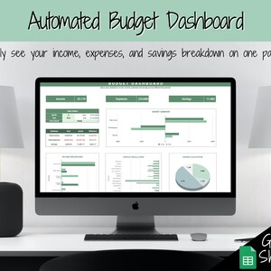 May include: A computer screen displaying a Google Sheets spreadsheet with a green and white color scheme. The spreadsheet is titled "Budget Dashboard" and shows a breakdown of income, expenses, and savings. The text "Google Sheets" is displayed in the bottom right corner of the image.