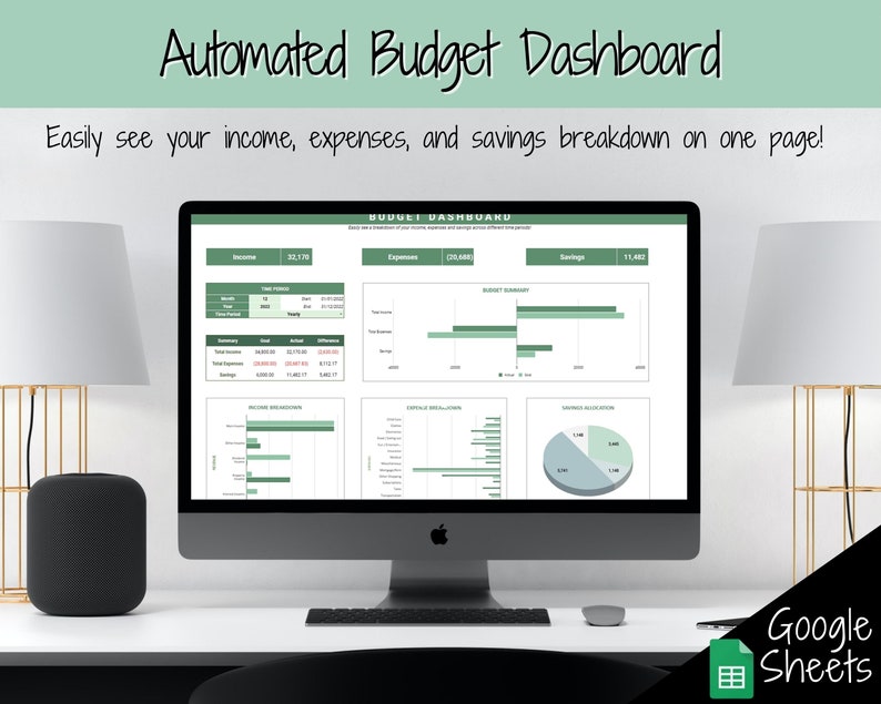 May include: A computer screen displaying a Google Sheets spreadsheet with a green and white color scheme. The spreadsheet is titled "Budget Dashboard" and shows a breakdown of income, expenses, and savings. The text "Google Sheets" is displayed in the bottom right corner of the image.