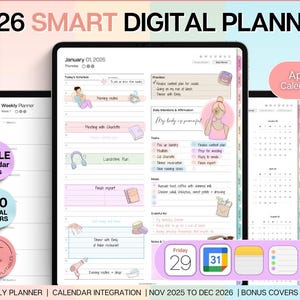 Pode incluir: Um planejador digital em um tablet com o texto "2026 Smart Digital Planner". O planejador inclui integração de calendário, capas digitais e modelos. A imagem também mostra um planejador semanal e links do Apple Calendar.