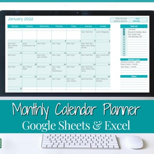 Puede incluir: Una pantalla de ordenador que muestra una plantilla de planificador de calendario mensual para enero de 2022. El calendario está diseñado para su uso con Google Sheets y Excel. La plantilla incluye una lista de tareas, objetivos mensuales y secciones de notas.