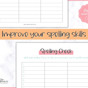 May include: A digital download featuring spelling practice worksheets. The worksheets include numbered lines for writing words and a section for repeated spelling. The text "Improve your spelling skills" is displayed.