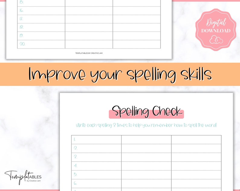 May include: A digital download featuring spelling practice worksheets. The worksheets include numbered lines for writing words and a section for repeated spelling. The text "Improve your spelling skills" is displayed.