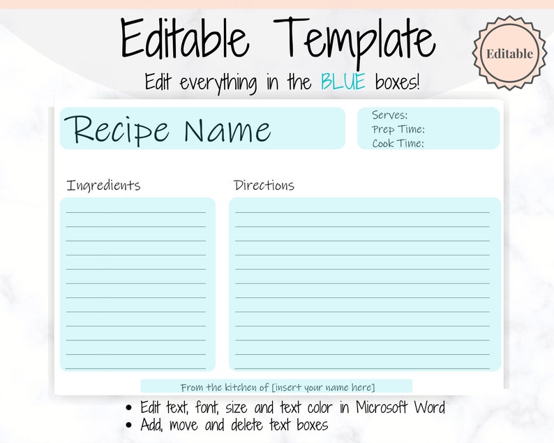 EDITABLE Recipe Card template, Recipe Template, Recipe Cards Printable, Simple, Retro, 4x6, Insert, Minimal, Sheet, Recipe Box, Sheet, Book image 4