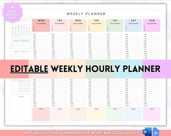 Weekly Hourly Planner EDITABLE Weekly Schedule, Daily Planner, Undated Planner, 2024 Weekly Organizer, To Do List printable, Adhd, Colorful
