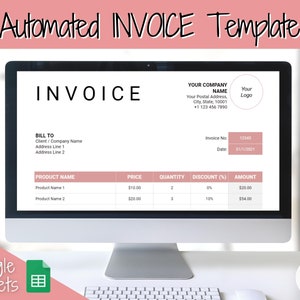 May include: A computer screen displaying a pink and white invoice template with the text "Automated INVOICE Template" at the top. The invoice template includes fields for billing information, product name, price, quantity, discount, and amount. The invoice template is titled "INVOICE" in a large, bold font. The text "Google Sheets" is displayed at the bottom left of the screen.