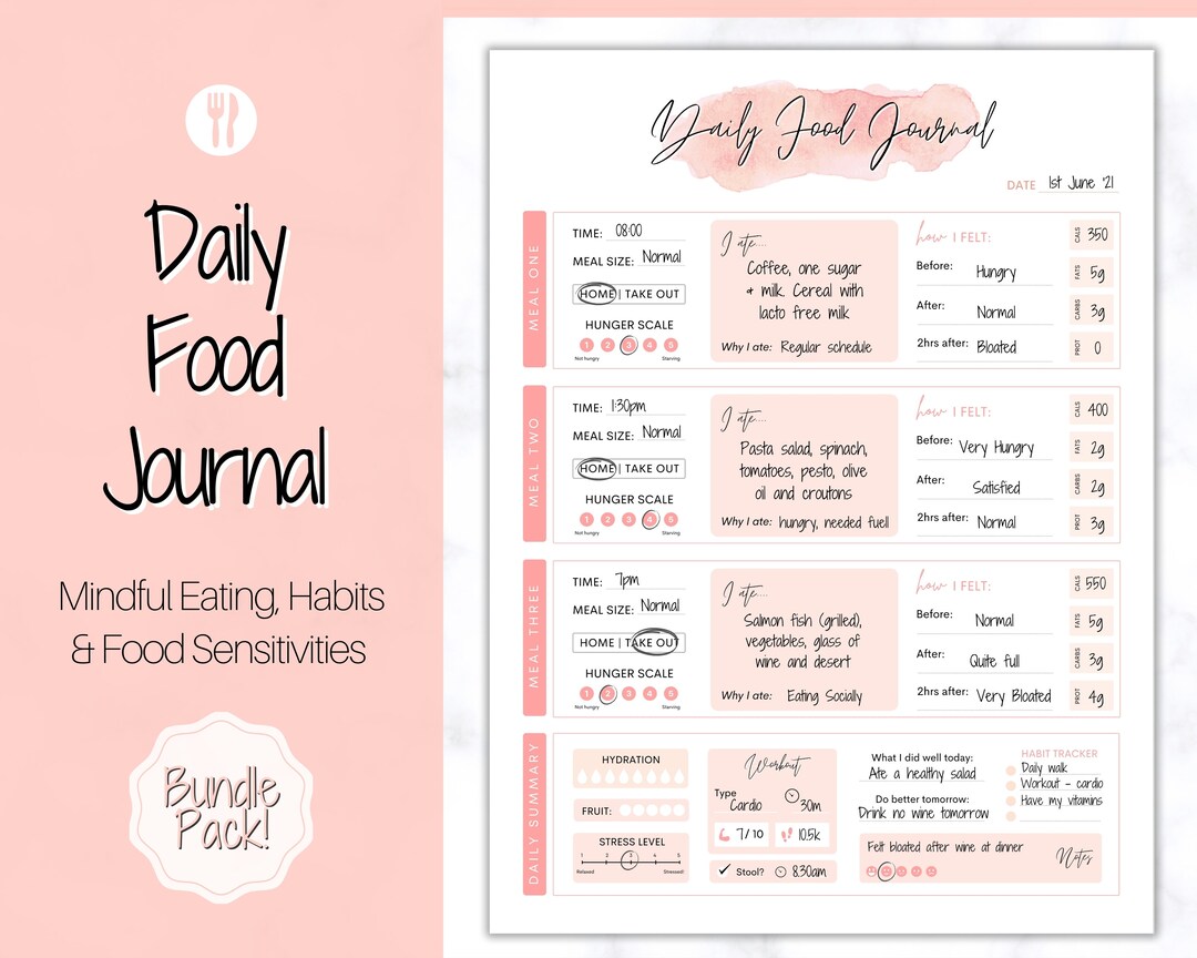 Daily Food Diary Printable, Colorful Food Journal, Diet