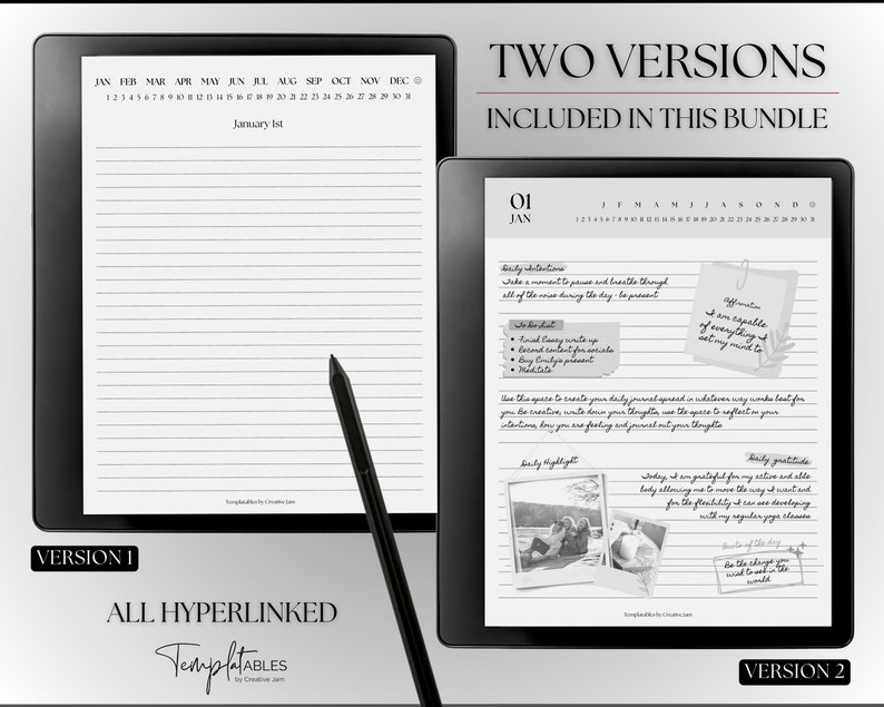 K&ouml;nnte beinhalten: Zwei Versionen einer digitalen Planervorlage werden gezeigt. Die erste Version ist eine leere Seite mit Zeilen zum Schreiben. Die zweite Version ist eine ausgef&uuml;llte Seite mit einem Kalender, t&auml;glichen Absichten, Affirmationen, Highlights und Dankbarkeitsabschnitten. Der Text "ZWEI VERSIONEN IN DIESEM PAKET ENTHALTEN" befindet sich oben im Bild.