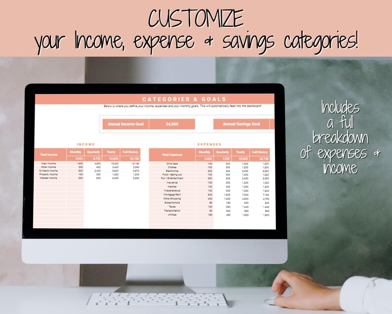 May include: A computer monitor showing a spreadsheet with income, expense, and savings categories. The screen text says "CUSTOMIZE your Income, expense & savings categories!" and "Includes a full breakdown of expenses & income."