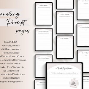 May include: A digital tablet displaying a journaling prompt page with the title "Traits & Emotions". The page has a light gray background with a white border and a white text box. The text box contains the prompt "What are your strengths and how do your strengths impact on your responses to conflict? How can you embrace and integrate them into yourself for personal growth?"