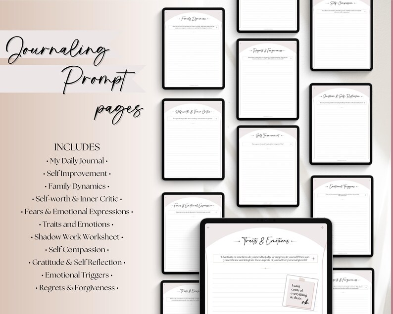May include: A digital tablet displaying a journaling prompt page with the title "Traits & Emotions". The page has a light gray background with a white border and a white text box. The text box contains the prompt "What are your strengths and how do your strengths impact on your responses to conflict? How can you embrace and integrate them into yourself for personal growth?"